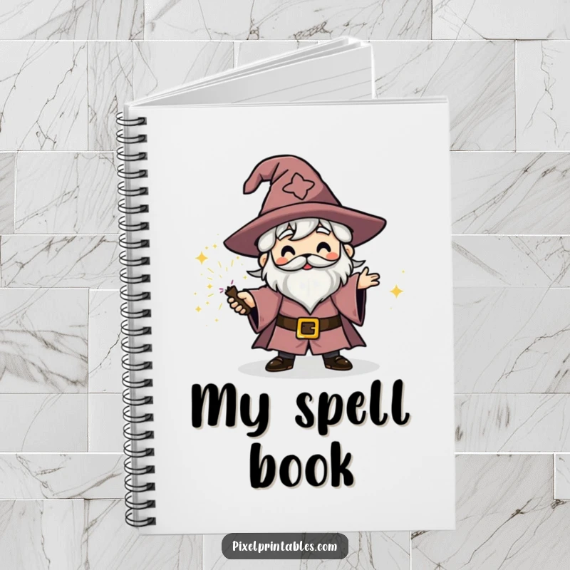 Funny blocky wizard character casting a sparkly spell, notebook cover, fantasy pixel art journaling.