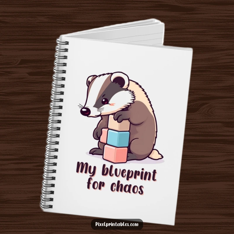 Funny badger concentrating on pixelated cubes, notebook for notes. Ideal funny gift for planners and architects.