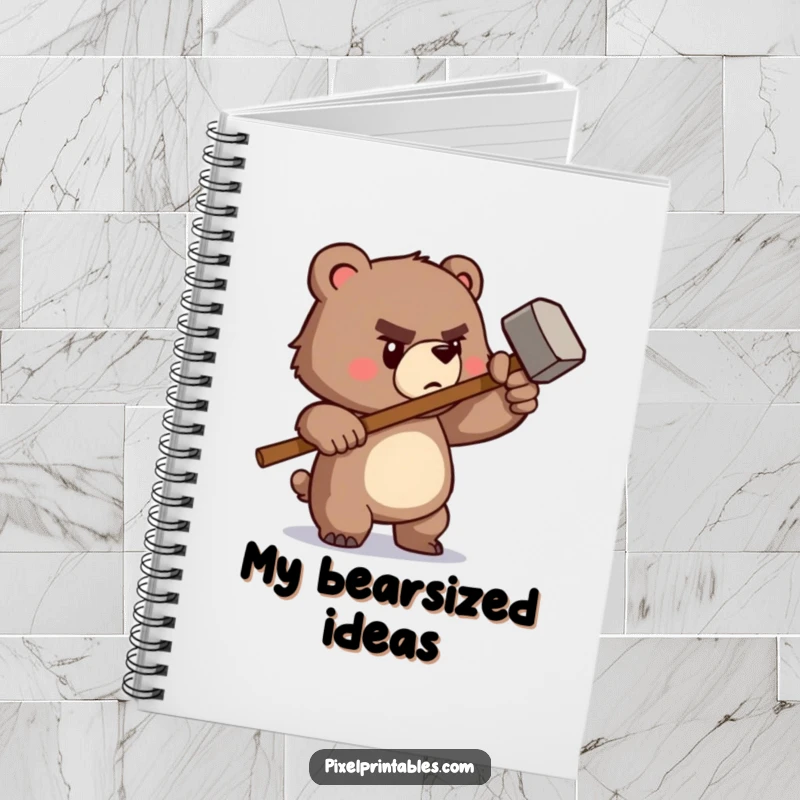 Funny notebook with a determined pixelated bear wielding a tiny pixelated hammer, ideal for jotting down ideas with retro DIY appeal.