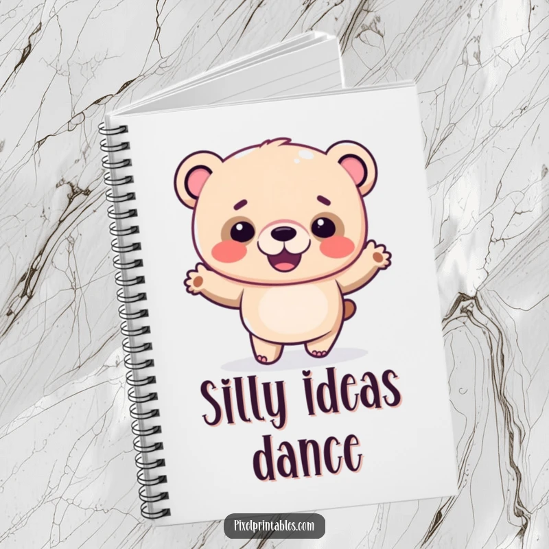 Funny pixel bear notebook with a giggling pixelated bear doing a silly dance, for jotting down creative ideas.