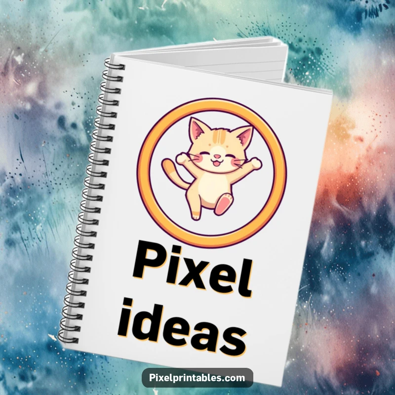 Funny notebook with a pixelated cat jumping through a hoop on the cover, perfect for jotting down notes with nostalgia.
