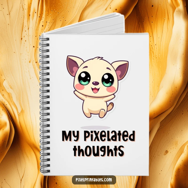 Funny notebook with a large-eyed pixelated creature jumping happily, perfect for jotting down retro-inspired ideas.