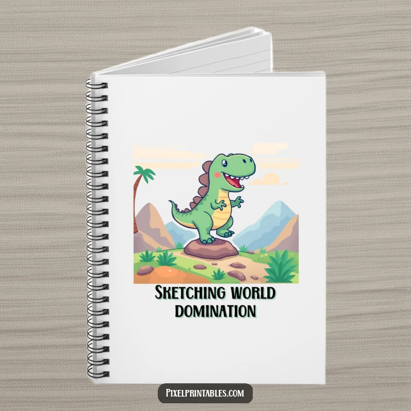 Funny notebook with a vibrant pixelated dinosaur stomping on the cover, perfect for capturing game ideas.