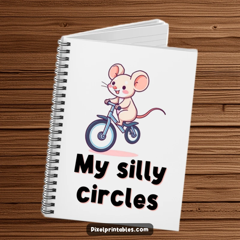 Funny notebook with a giggling pixelated mouse riding a pixelated unicycle, ideal for jotting down ideas with retro whimsical appeal.