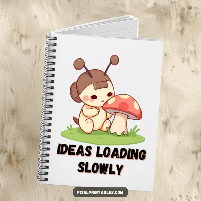 Funny notebook with a curious pixel character with blocky antennae investigating a pixelated mushroom, great for notes and sketches.