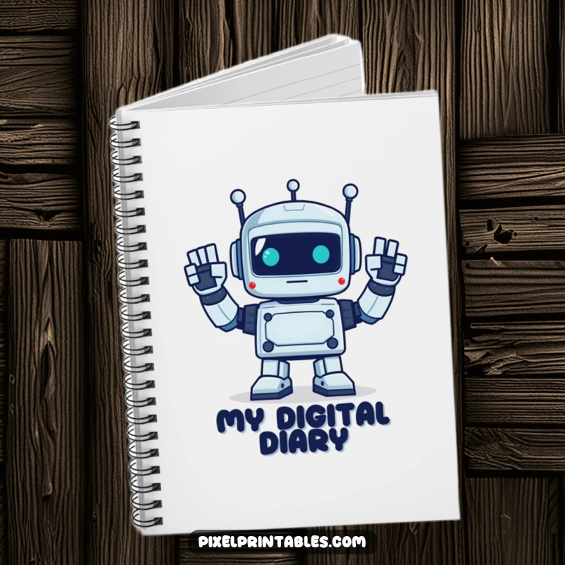 Funny notebook with a pixelated robot waving enthusiastically with square hands, perfect for jotting down retro-inspired ideas.