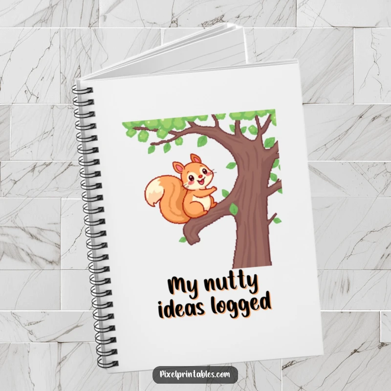 Funny Pixel Squirrel Notebook featuring a cheerful, pixelated squirrel climbing a pixelated tree, ideal for note-taking with a side of nature charm.
