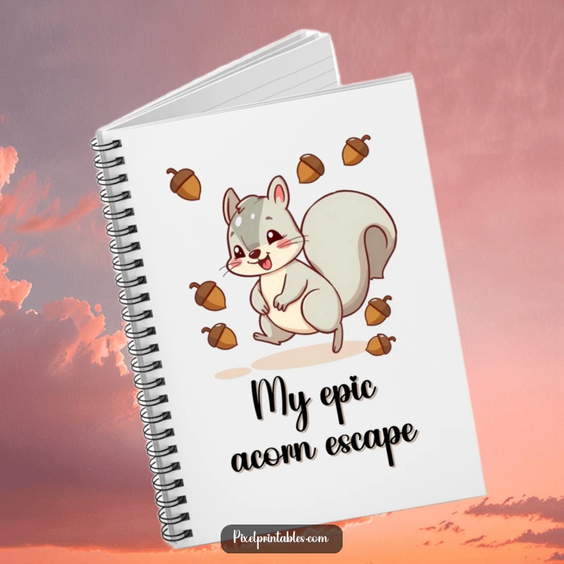 Funny squirrel character in a pixelated design, dodging acorns, perfect for a stylish and humorous notebook.