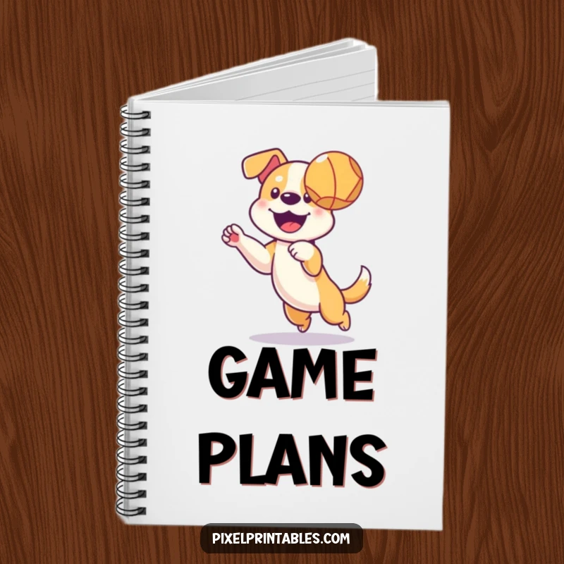 Funny notebook with a pixelated dog catching a ball on the cover, perfect for jotting down notes with nostalgia.