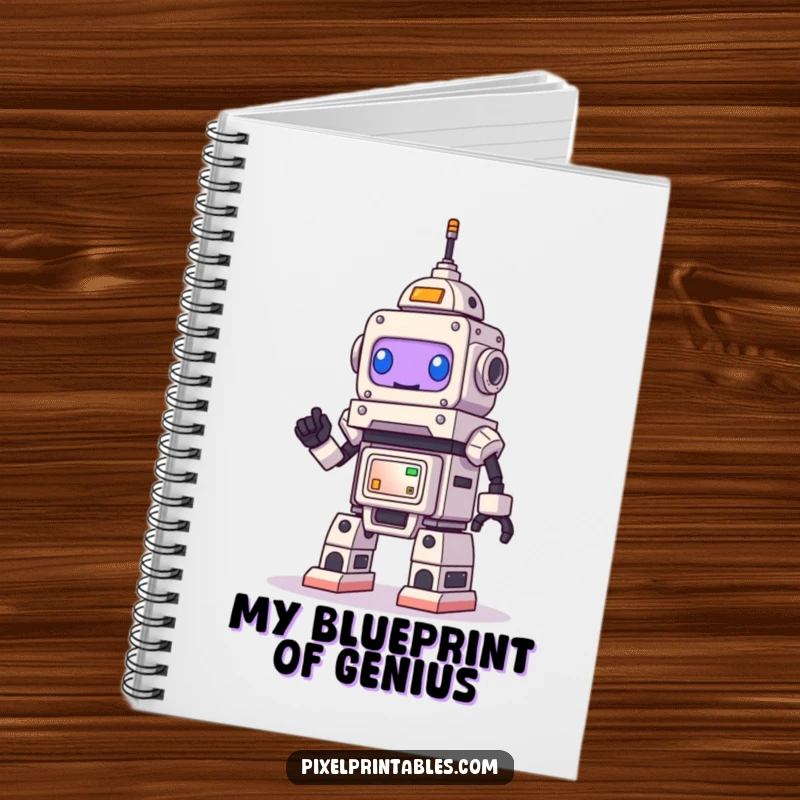 Funny Robot Notebook, a determined bot smiling as it builds a pixel structure, perfect for note-taking.