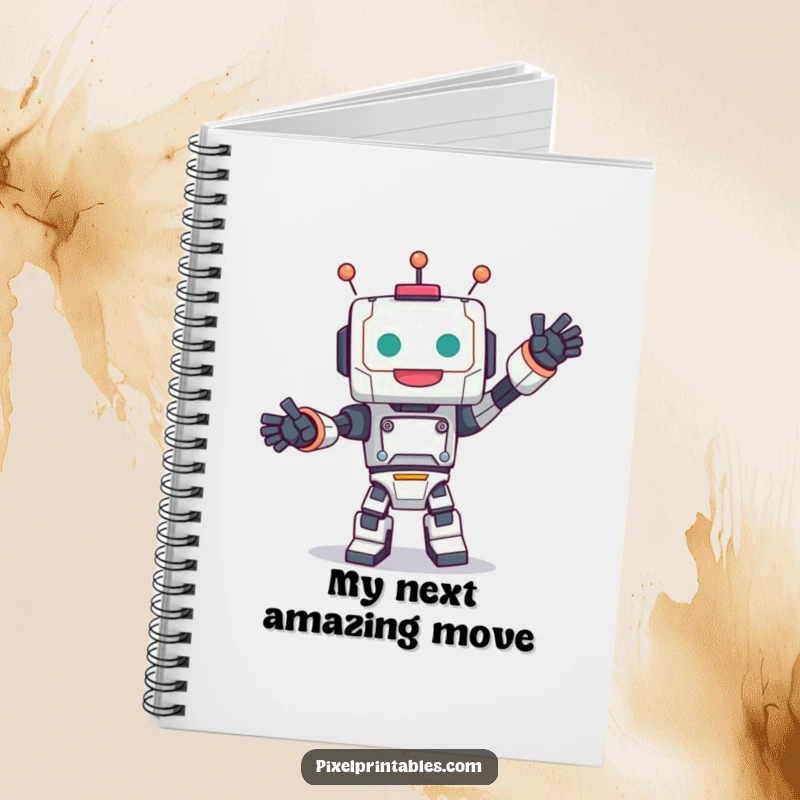 Funny notebook with a cute, blocky robot character performing a joyful dance, perfect for notes and doodles.