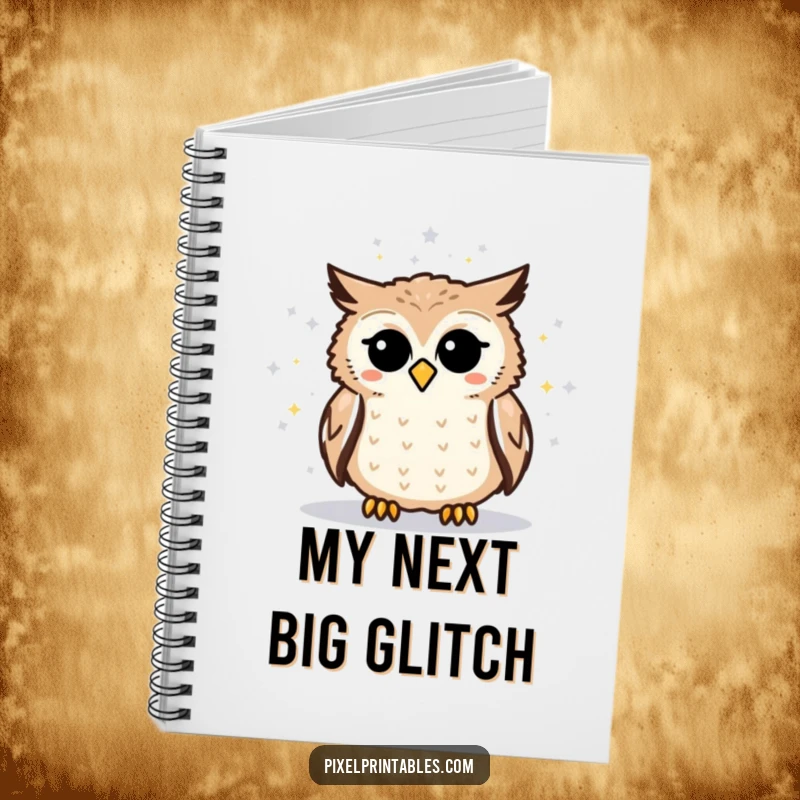 Funny pixelated owl notebook featuring an owl intently studying a pixelated star map, ideal for note-taking and creative endeavors.