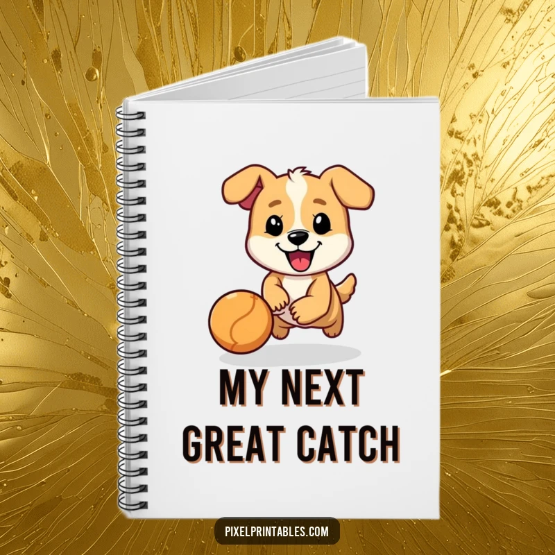 Funny notebook with a cheerful, pixelated dog character chasing a bouncing ball, perfect for notes and sketches.
