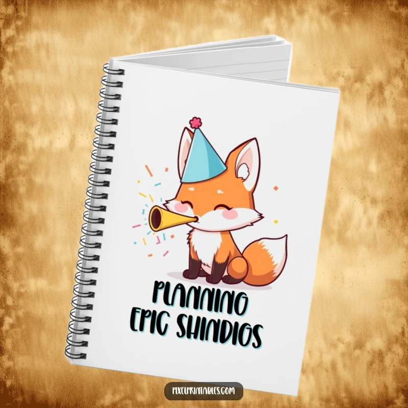 Funny Notebook: A cute fox wearing a party hat blows a confetti horn, inspiring festive planning and fun.