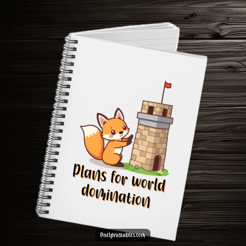 Funny pixelated fox building a tiny pixelated tower, mischievous builder, retro pixel art notebook, journal for creatives.