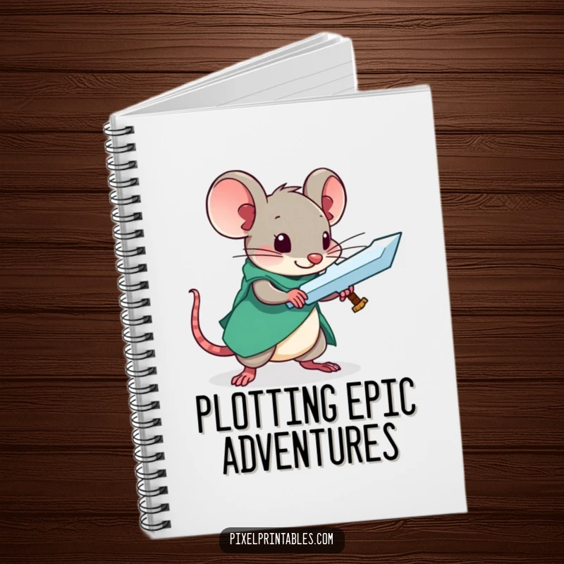 Funny notebook cover with a pixelated mouse crafting a sword, ideal for creative writing and planning.