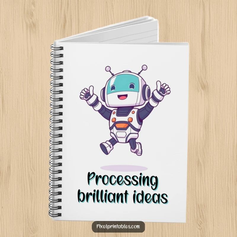 Funny jumping robot notebook with a cute character cheering excitedly, perfect for journaling and note-taking.
