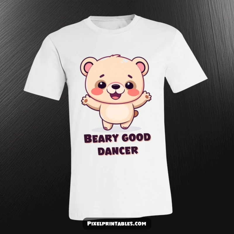 Funny pixel bear t-shirt with a giggling pixelated bear doing a silly dance, celebrating humor and movement.