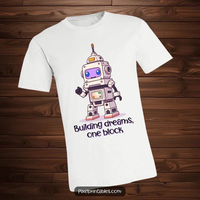 Funny Robot T-Shirt, a small, happy robot constructing a massive pixelated tower, celebrating creativity and fun.