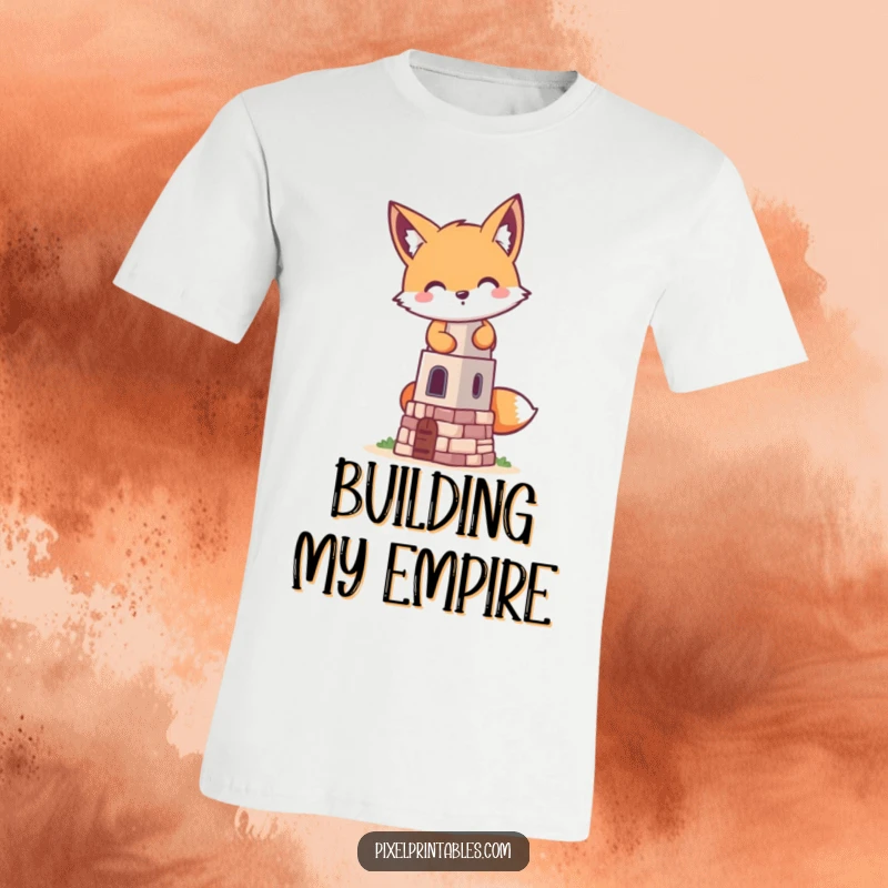 Funny pixelated fox building a tiny pixelated tower, a retro gaming graphic tee showcasing playful mischief and creativity.