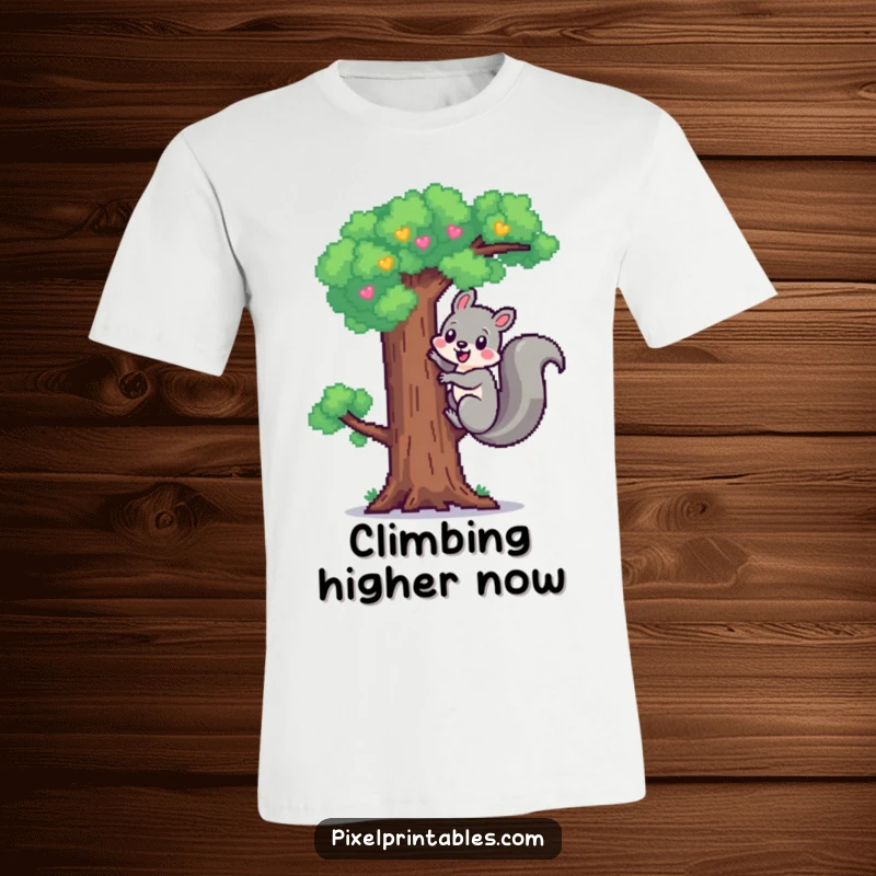 Funny Pixel Squirrel T-Shirt: Adorable pixelated squirrel cheerfully climbing a pixel tree, cute pixel art graphic.