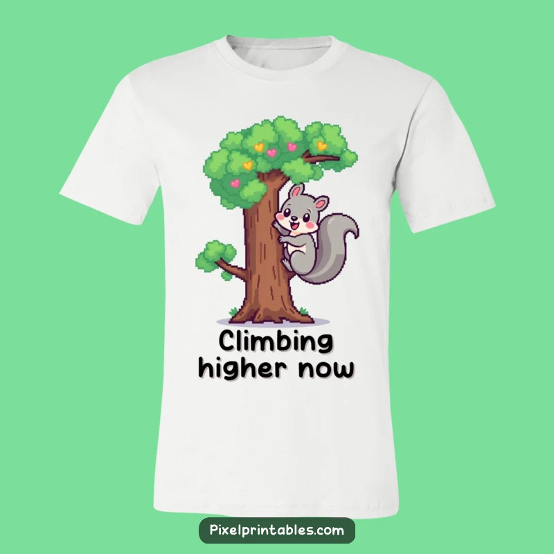 Funny Pixel Squirrel T-Shirt: Cheerful Climb, Retro Nature Style