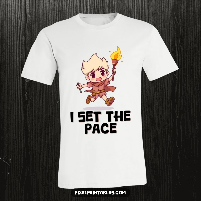 Funny T-Shirt: A character sprints with a blazing torch, embodying relentless pursuit and humorous determination, a great funny gift idea.