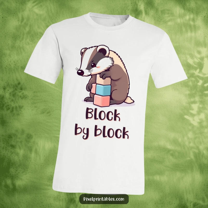 Funny badger concentrating on stacking pixelated cubes. Great funny gift for architects and puzzle lovers.