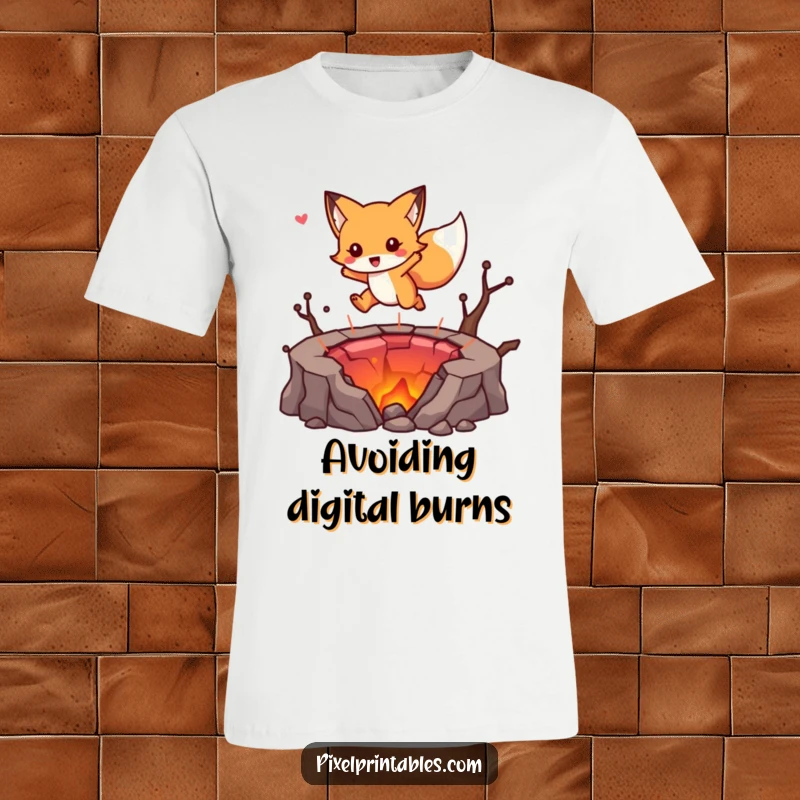 Funny t-shirt showcasing a cute fox mid-air, jumping over a blocky, pixelated lava pit with determination and style.