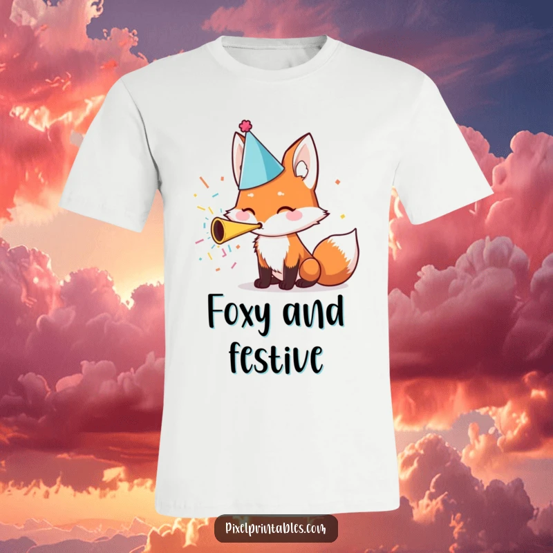 Funny T-Shirt: A cute fox sporting a party hat joyfully blows a confetti horn, radiating celebration.