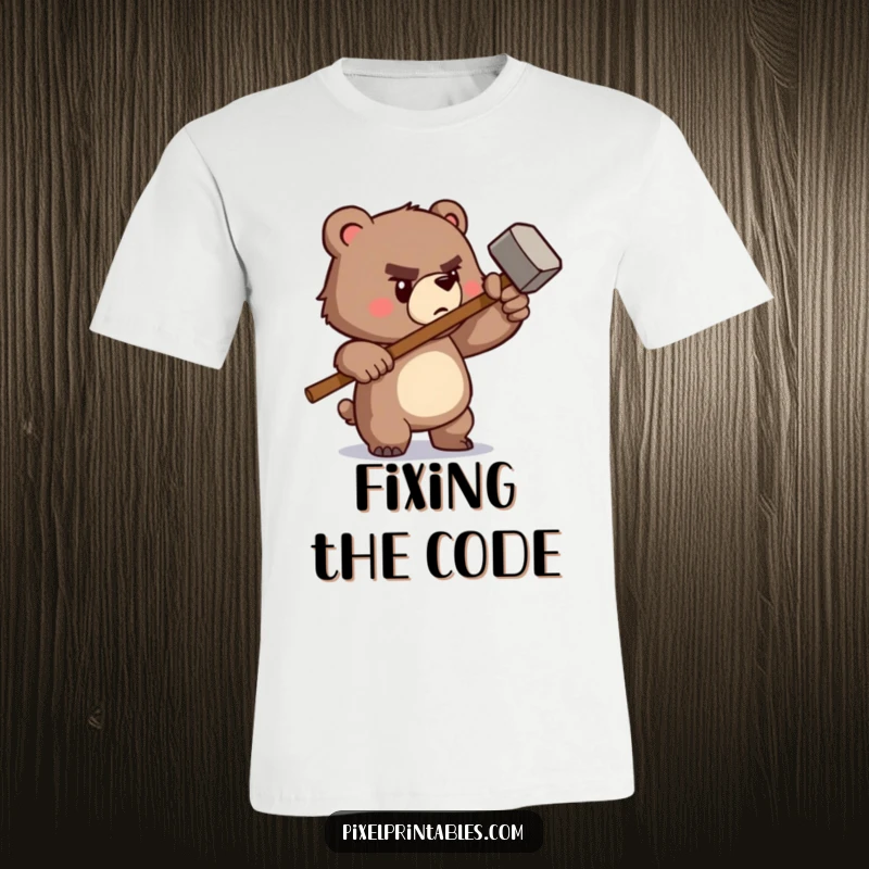 Funny t-shirt showcasing a determined pixelated bear wielding a tiny pixelated hammer, perfect for DIY enthusiasts and retro gamers.