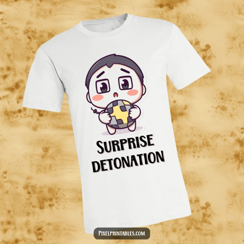 Funny pixel bomb t-shirt featuring a surprised character with wide square eyes, clutching a pixelated bomb in a moment of panic.