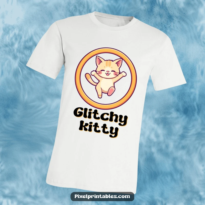 Funny t-shirt showcasing a cute pixelated cat mid-jump through a pixelated hoop, a nostalgic gaming treasure.