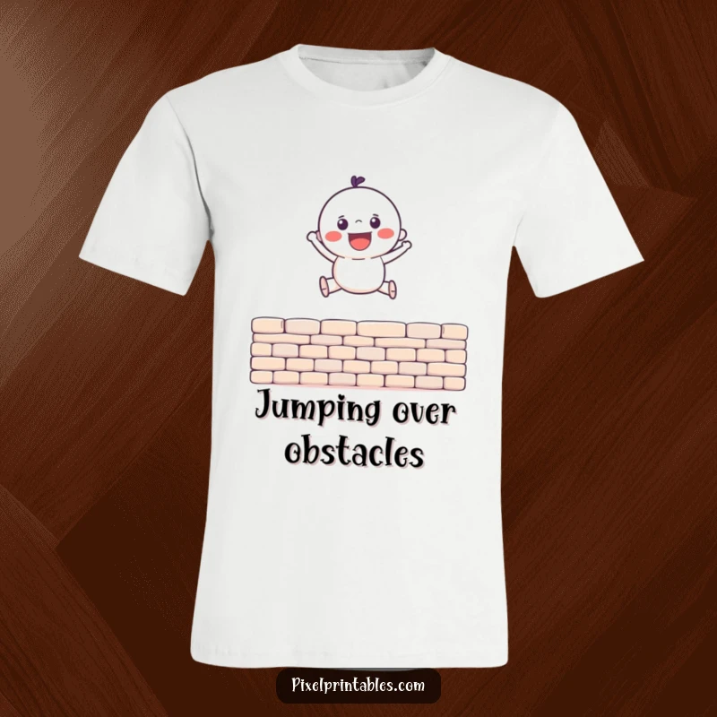 Funny T-Shirt featuring a gleeful pixel character joyfully jumping over a pixel wall, celebrating retro gaming and challenges.