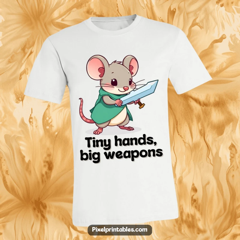 Funny t-shirt featuring a focused mouse meticulously crafting a pixelated sword, celebrating dedication and gaming.