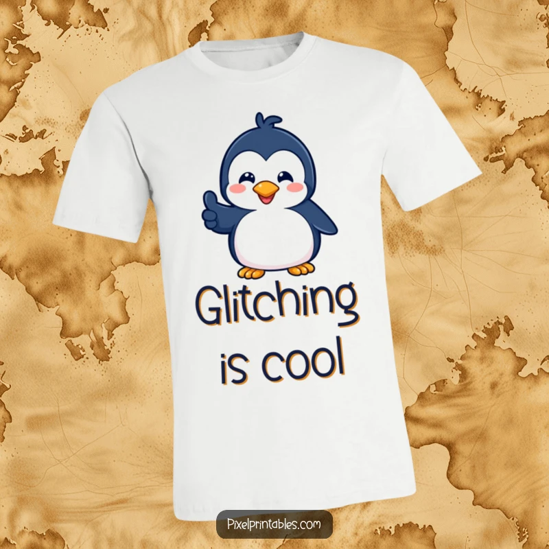 Funny t-shirt showcasing a playful pixelated penguin giving a pixelated thumbs up, perfect for gamers and those who love cute, retro art.