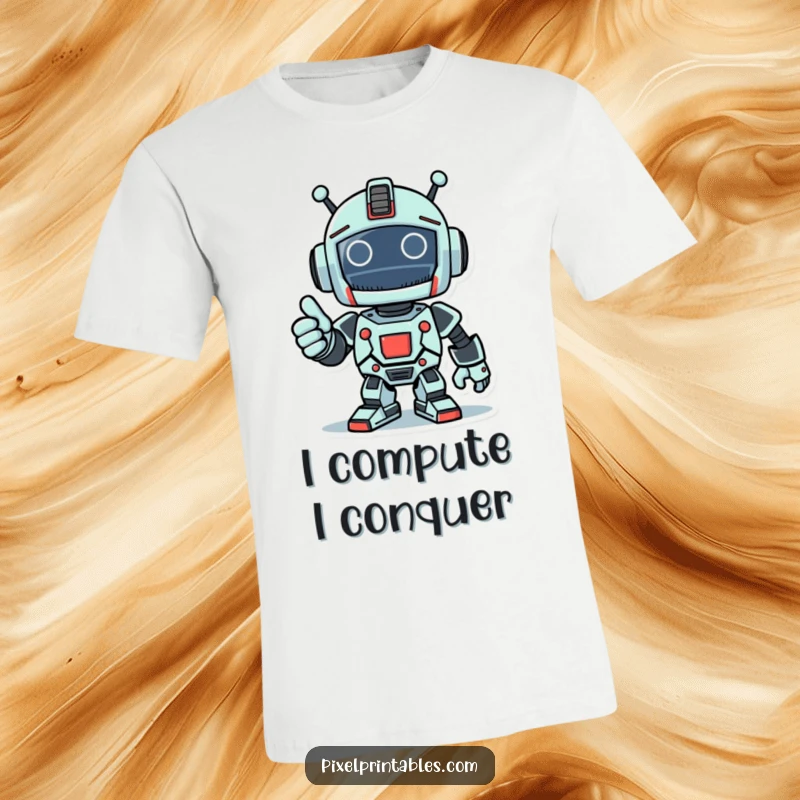 Funny t-shirt with a triumphant pixelated robot confidently giving a thumbs-up, celebrating achievements.