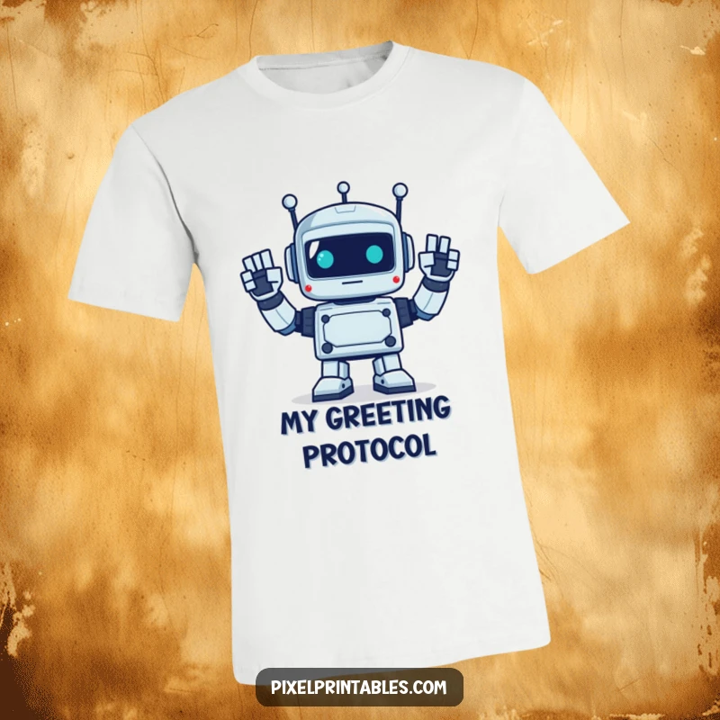 Funny t-shirt showcasing a pixelated robot energetically waving with its square hands, radiating enthusiastic retro vibes.