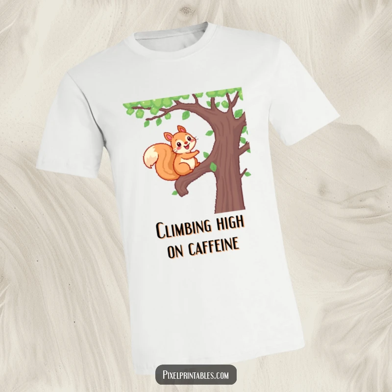 Funny Pixel Squirrel T-Shirt showcasing a cheerful, pixelated squirrel climbing a pixelated tree, perfect for outdoor adventures.