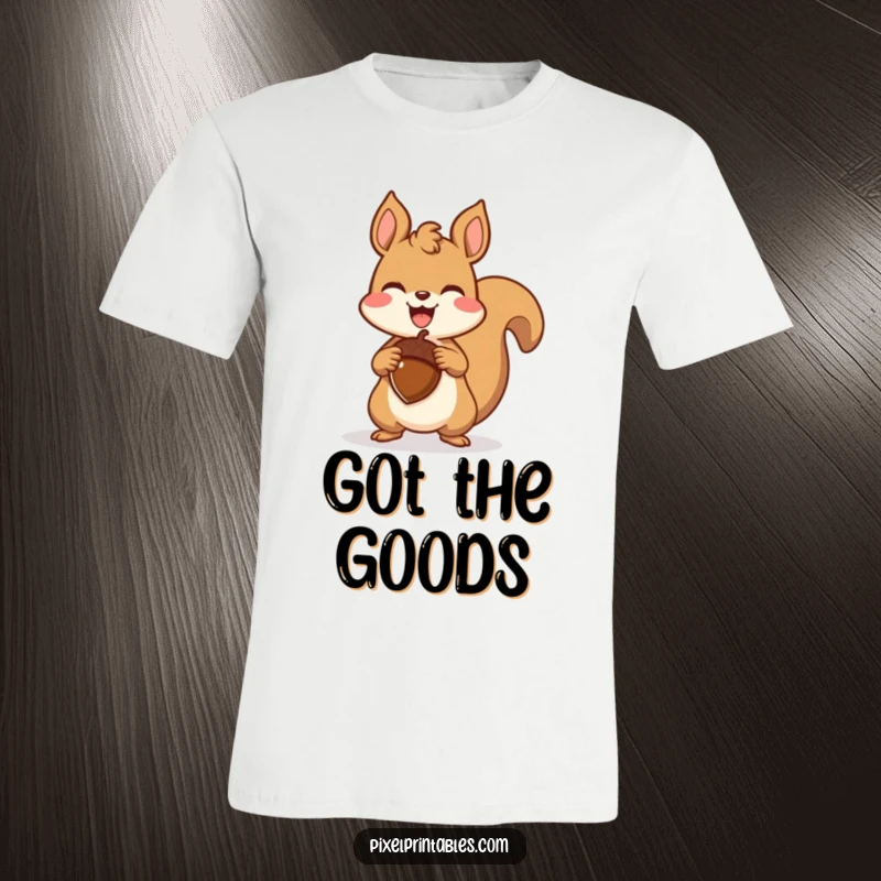 Funny pixelated squirrel triumphantly holding a pixelated acorn, a retro gaming graphic tee showcasing pure joy and victory.