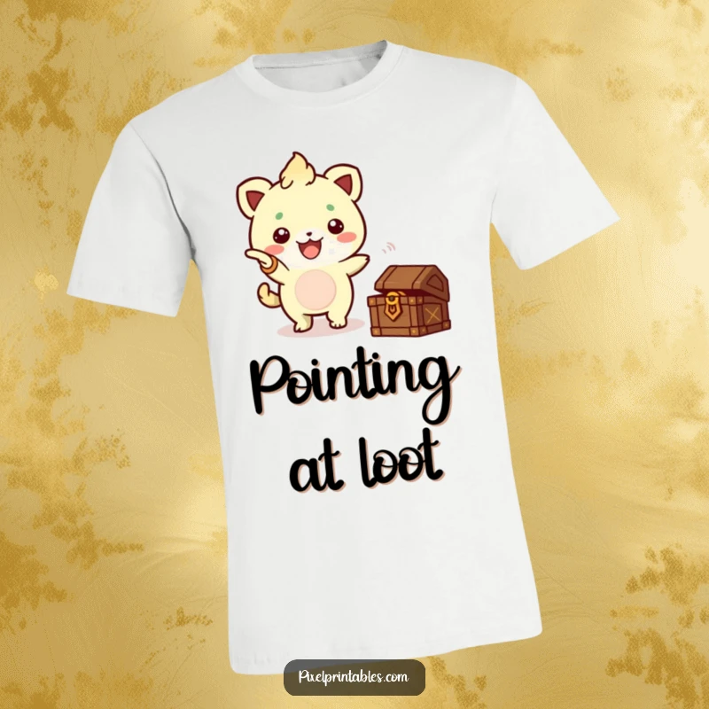 Funny Pixel Creature Treasure T-Shirt, a cute pixelated creature pointing at a treasure chest, ready for adventure.