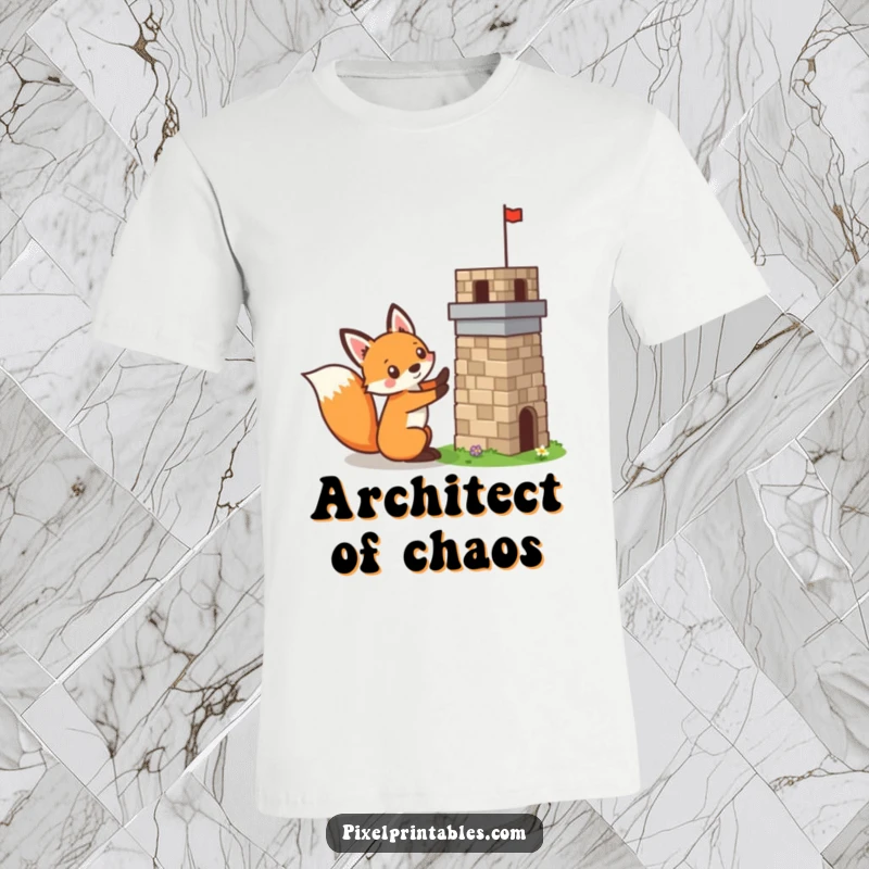 Funny pixelated fox building a tiny pixelated tower, mischievous gamer, retro pixel art design, comfortable graphic tee.