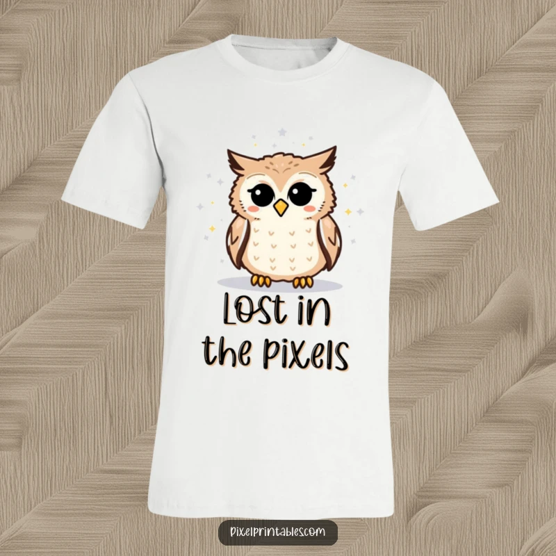 Funny pixelated owl t-shirt showing an owl intensely studying a pixelated star map, celebrating curiosity and the cosmos.