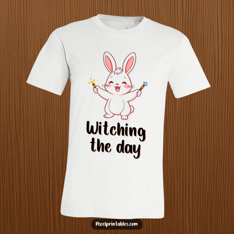 Funny t-shirt showcasing a happy rabbit character with a pixelated magic wand, creating sparkling effects with a cheerful wave.