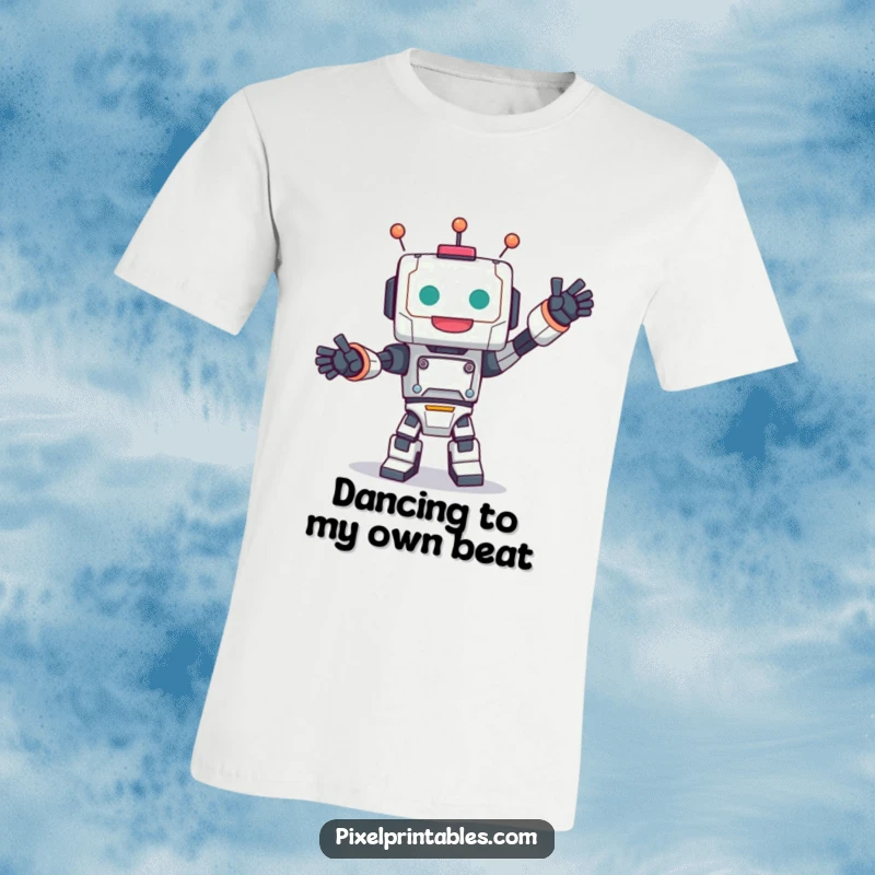 Funny t-shirt featuring a cute, blocky robot character in a joyful, energetic dance pose, perfect for casual wear.