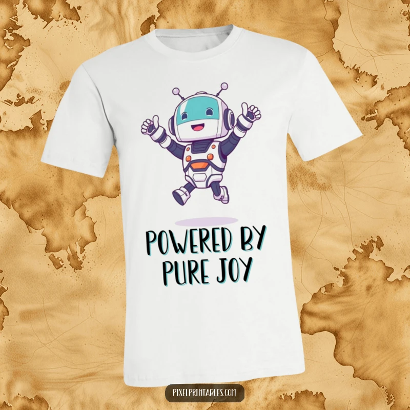 Funny robot t-shirt featuring a cute character jumping and cheering excitedly, great for casual wear and expressing joy.