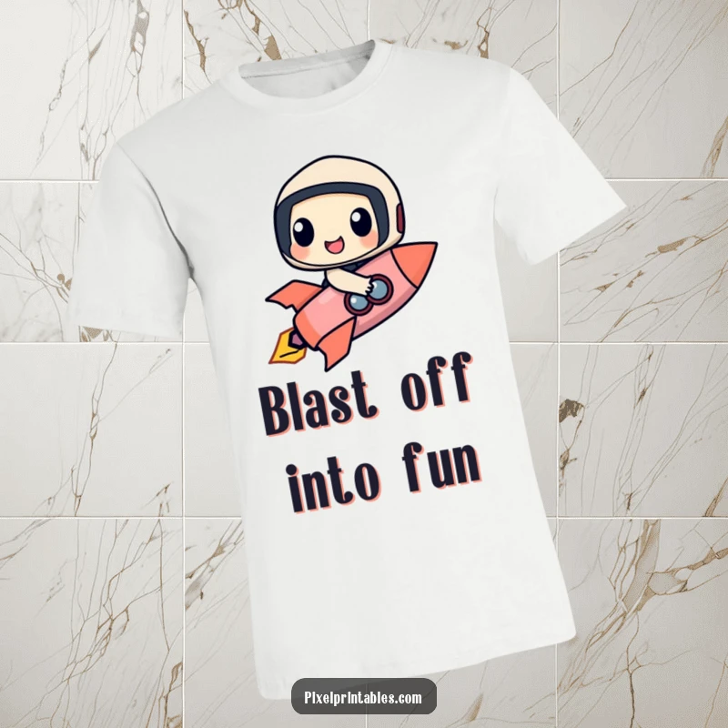 Funny t-shirt featuring a happy pixel character made of geometric shapes joyfully riding a pixelated rocket into space.