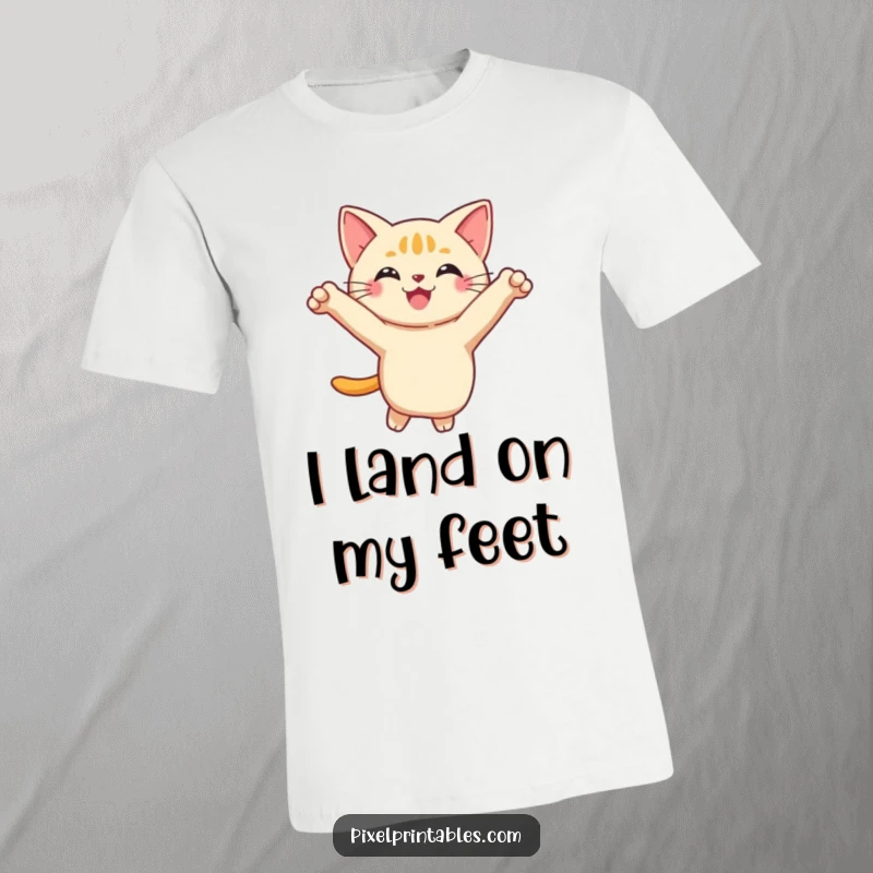 Funny Pixel Cat T-Shirt showcasing a smiling, pixelated cat performing a playful leap, ideal for everyday wear.