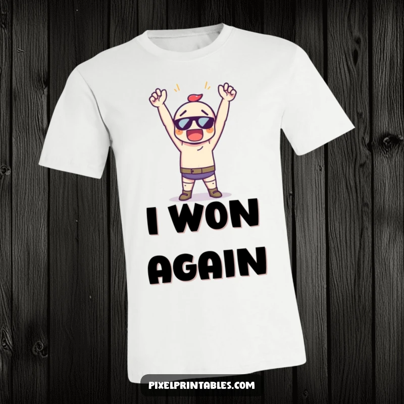 Funny Pixel Art Character T-Shirt, a pixelated character in a triumphant pose with arms high, celebrating a win.