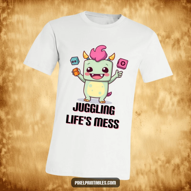 Funny T-shirt showcasing a giggling, blocky monster juggling pixelated objects with a joyful, playful expression.